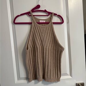 Pink Lily Tan Ribbed Knit Halter Top